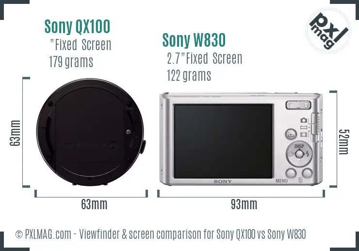 Sony QX100 vs Sony W830 Screen and Viewfinder comparison