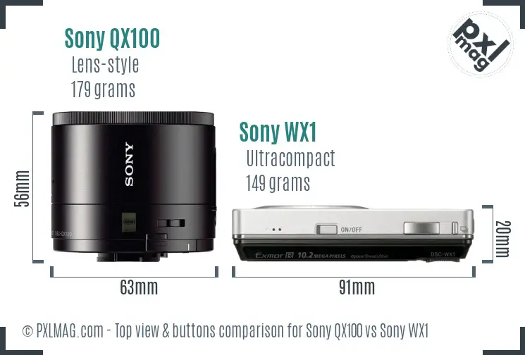 Sony QX100 vs Sony WX1 top view buttons comparison