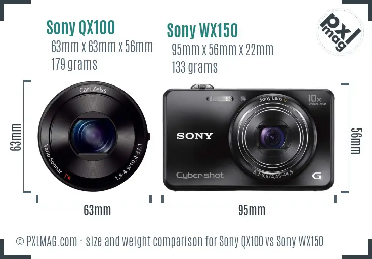 Sony QX100 vs Sony WX150 size comparison