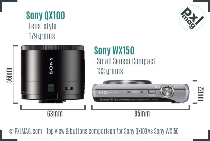 Sony QX100 vs Sony WX150 top view buttons comparison
