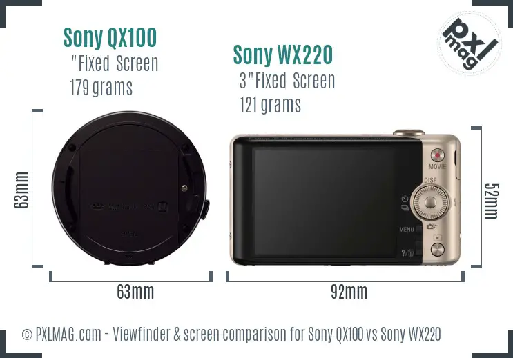 Sony QX100 vs Sony WX220 Screen and Viewfinder comparison