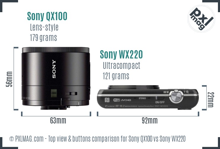 Sony QX100 vs Sony WX220 top view buttons comparison