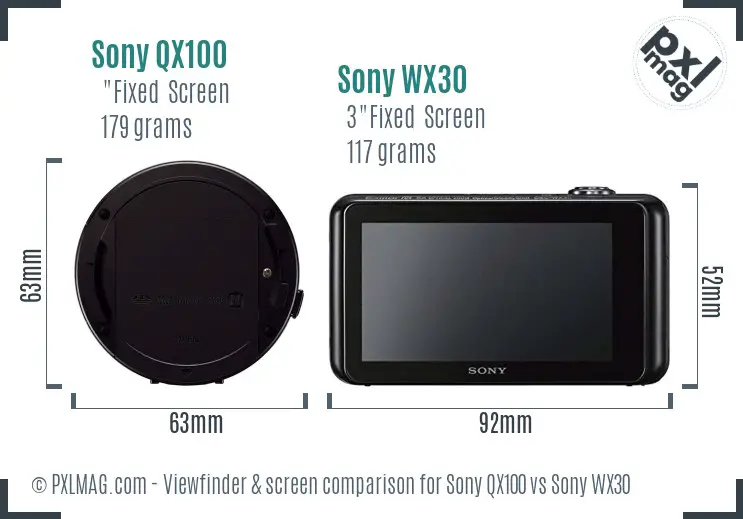 Sony QX100 vs Sony WX30 Screen and Viewfinder comparison