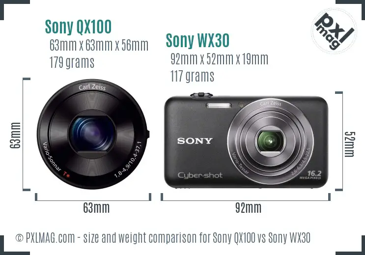 Sony QX100 vs Sony WX30 size comparison