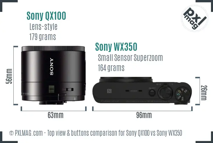 Sony QX100 vs Sony WX350 top view buttons comparison