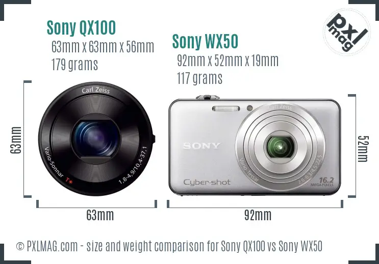 Sony QX100 vs Sony WX50 size comparison