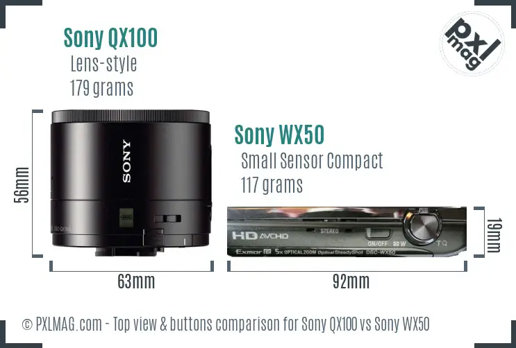 Sony QX100 vs Sony WX50 top view buttons comparison