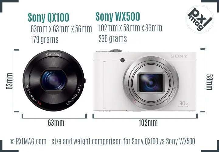 Sony QX100 vs Sony WX500 size comparison