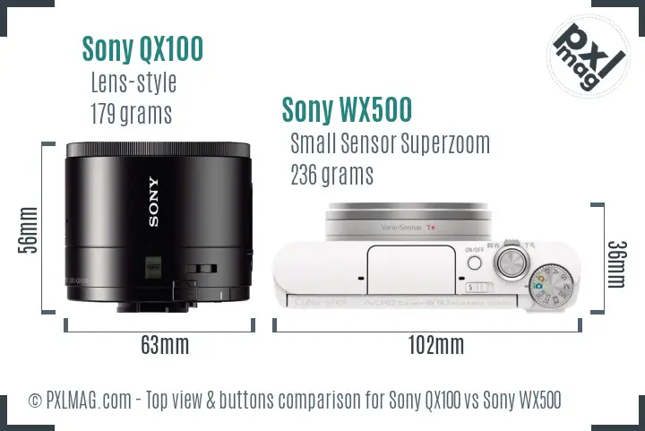 Sony QX100 vs Sony WX500 top view buttons comparison