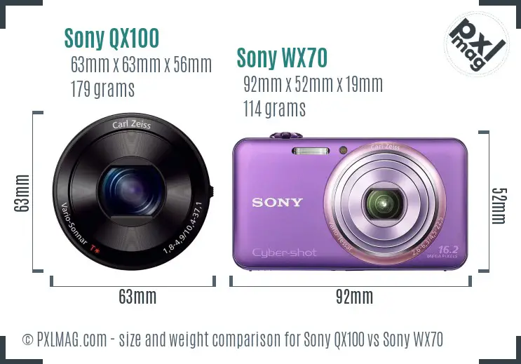 Sony QX100 vs Sony WX70 size comparison