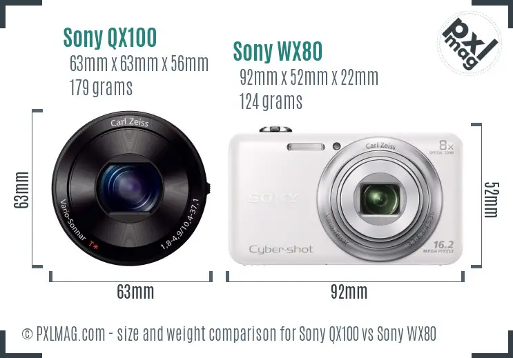 Sony QX100 vs Sony WX80 size comparison