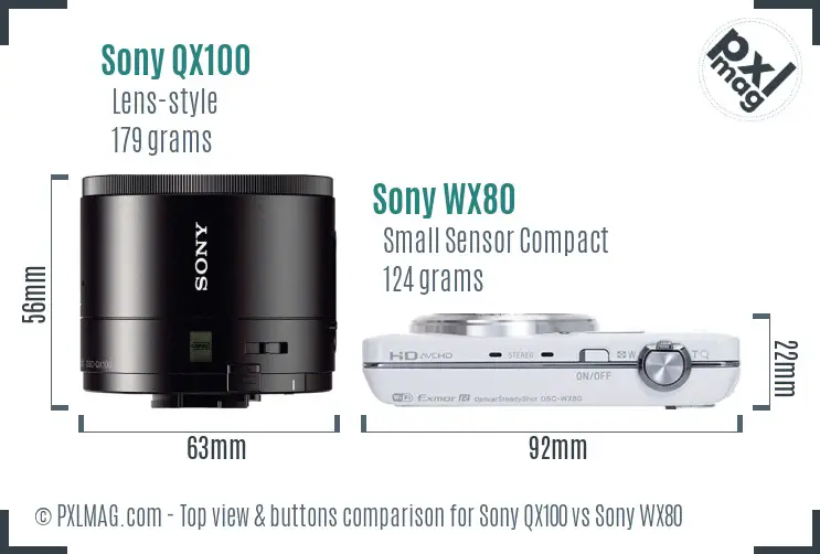 Sony QX100 vs Sony WX80 top view buttons comparison