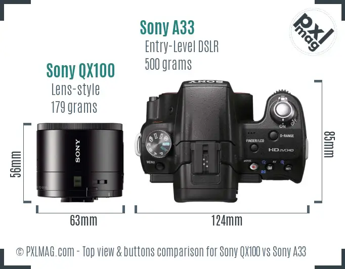 Sony QX100 vs Sony A33 top view buttons comparison