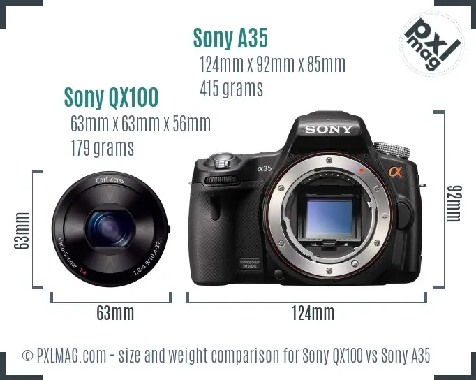 Sony QX100 vs Sony A35 size comparison