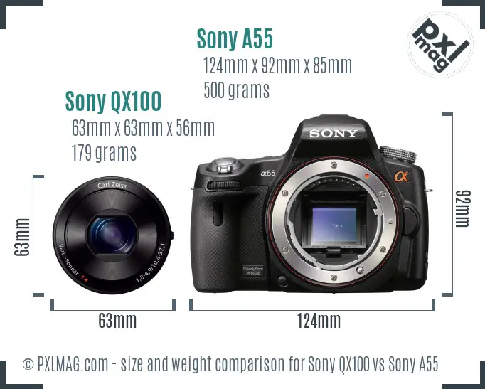 Sony QX100 vs Sony A55 size comparison