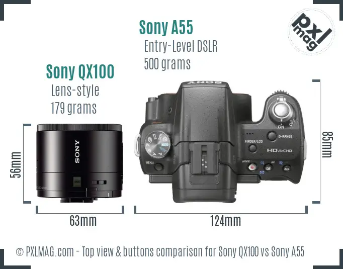 Sony QX100 vs Sony A55 top view buttons comparison