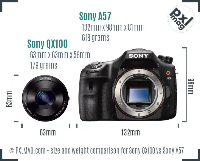 Sony QX100 vs Sony A57 size comparison