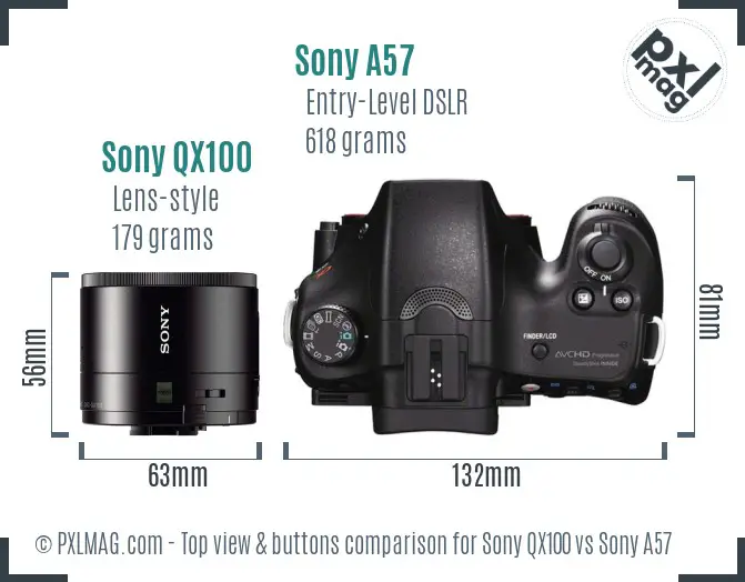 Sony QX100 vs Sony A57 top view buttons comparison