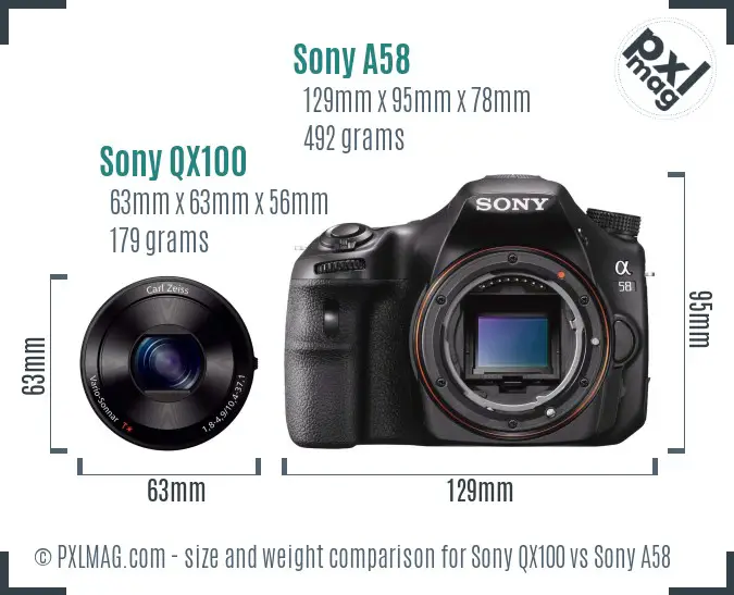 Sony QX100 vs Sony A58 size comparison