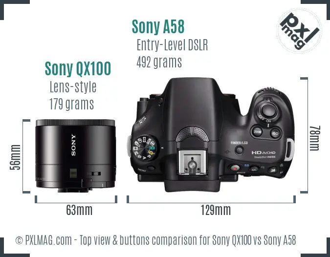 Sony QX100 vs Sony A58 top view buttons comparison