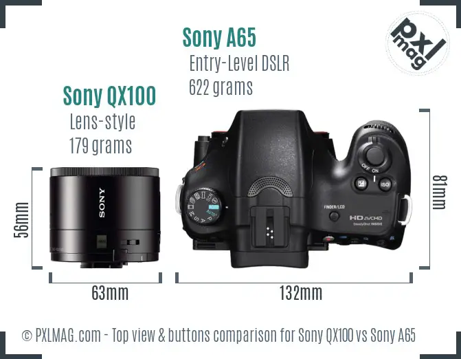 Sony QX100 vs Sony A65 top view buttons comparison