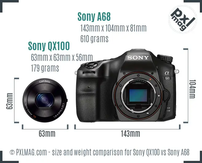 Sony QX100 vs Sony A68 size comparison