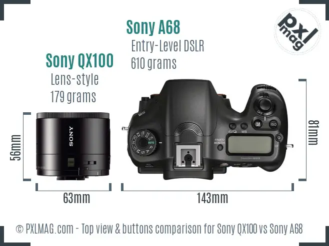 Sony QX100 vs Sony A68 top view buttons comparison