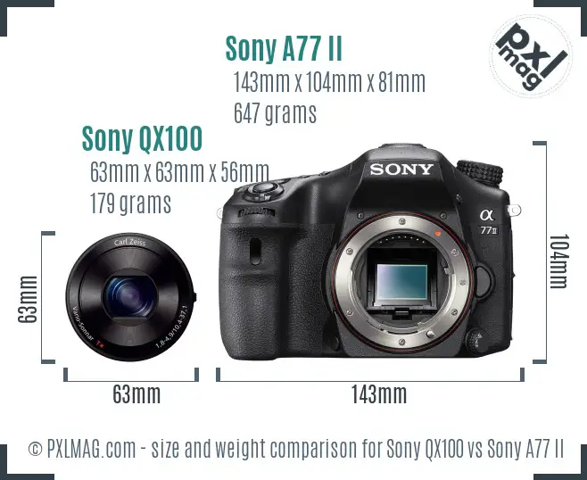 Sony QX100 vs Sony A77 II size comparison