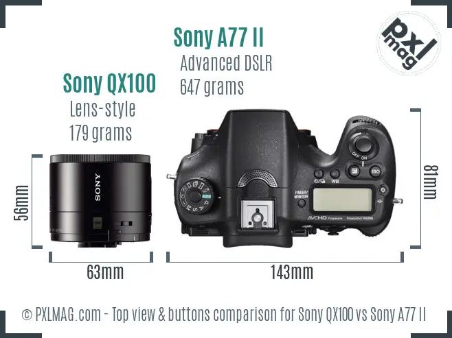 Sony QX100 vs Sony A77 II top view buttons comparison