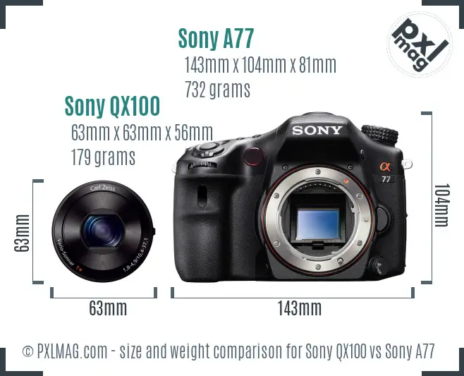 Sony QX100 vs Sony A77 size comparison