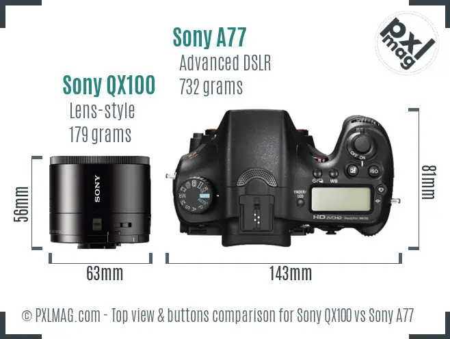 Sony QX100 vs Sony A77 top view buttons comparison
