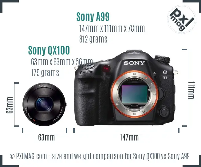 Sony QX100 vs Sony A99 size comparison