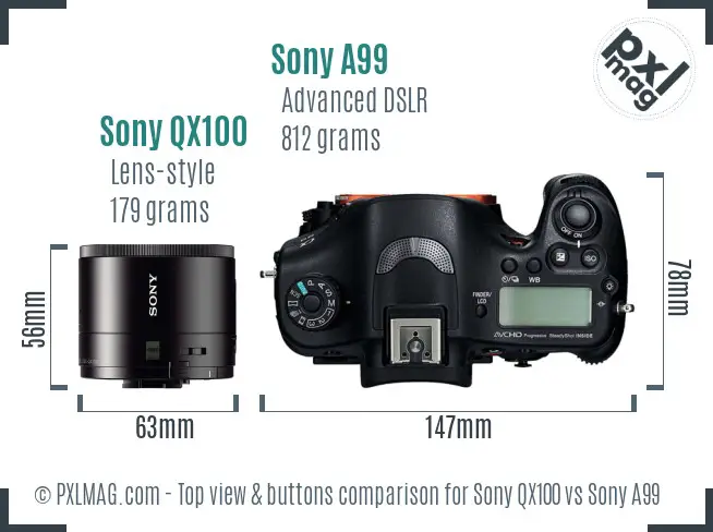 Sony QX100 vs Sony A99 top view buttons comparison