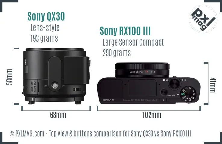 Sony QX30 vs Sony RX100 III top view buttons comparison