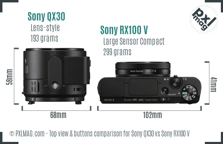 Sony QX30 vs Sony RX100 V top view buttons comparison