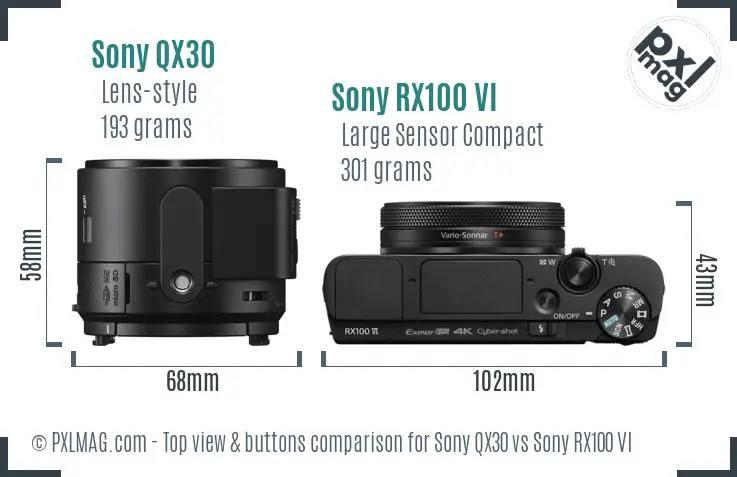 Sony QX30 vs Sony RX100 VI top view buttons comparison