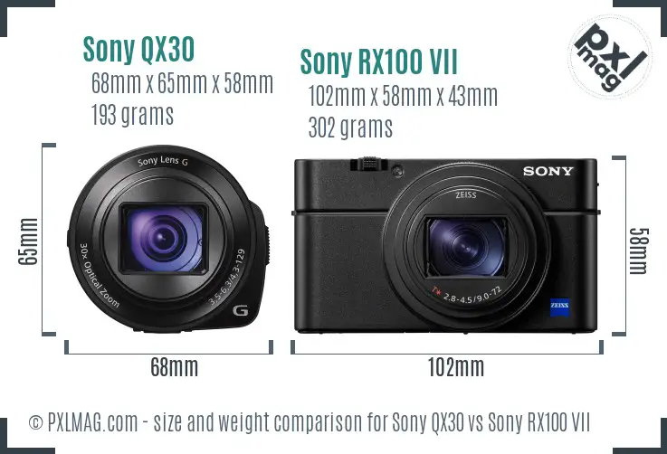 Sony QX30 vs Sony RX100 VII size comparison