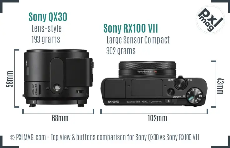 Sony QX30 vs Sony RX100 VII top view buttons comparison