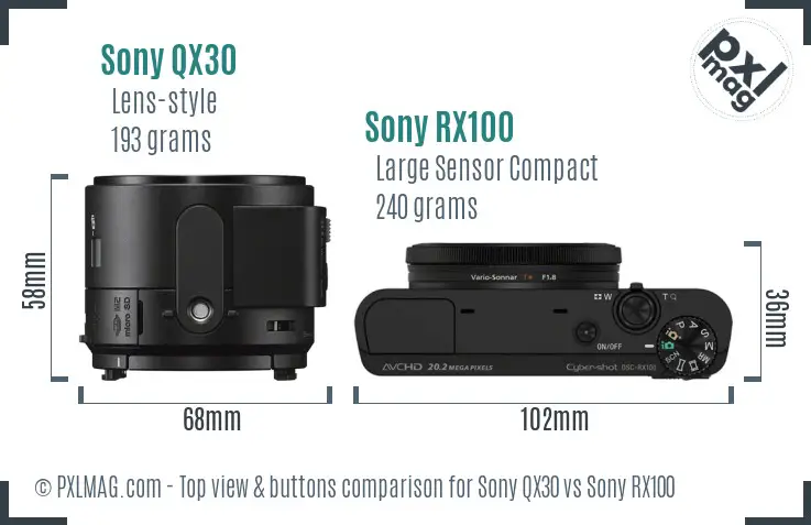Sony QX30 vs Sony RX100 top view buttons comparison