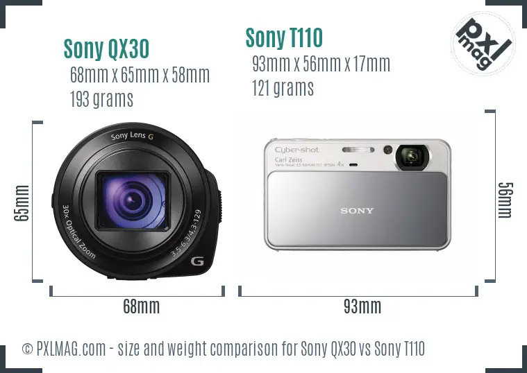 Sony QX30 vs Sony T110 size comparison