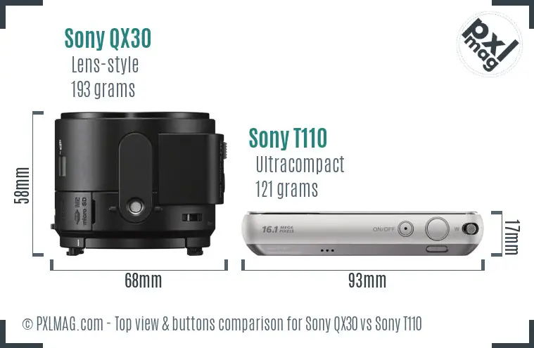 Sony QX30 vs Sony T110 top view buttons comparison