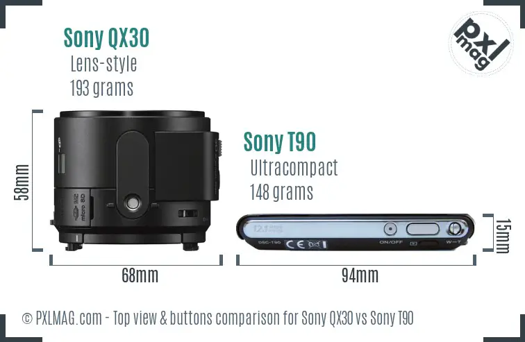 Sony QX30 vs Sony T90 top view buttons comparison