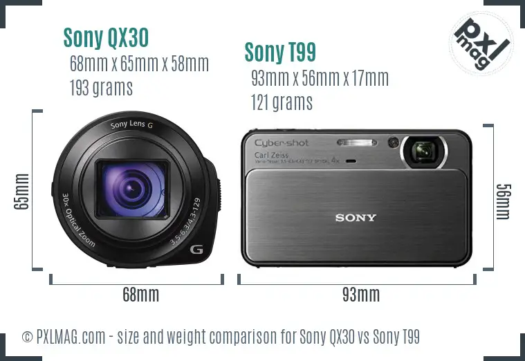 Sony QX30 vs Sony T99 size comparison