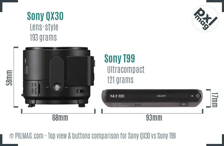 Sony QX30 vs Sony T99 top view buttons comparison