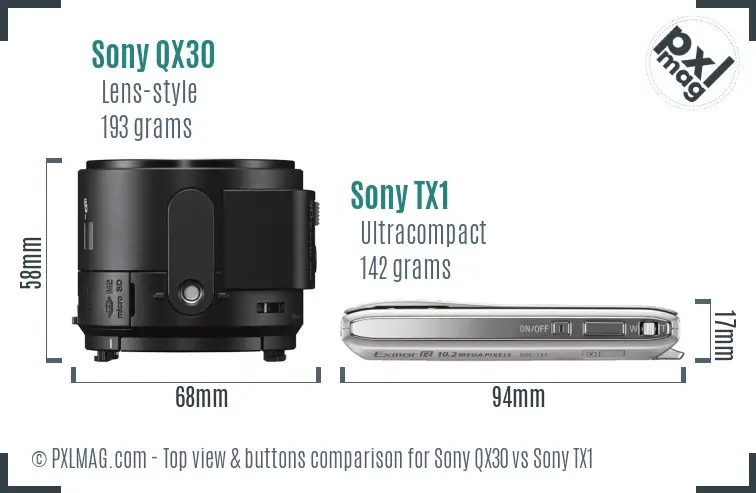 Sony QX30 vs Sony TX1 top view buttons comparison