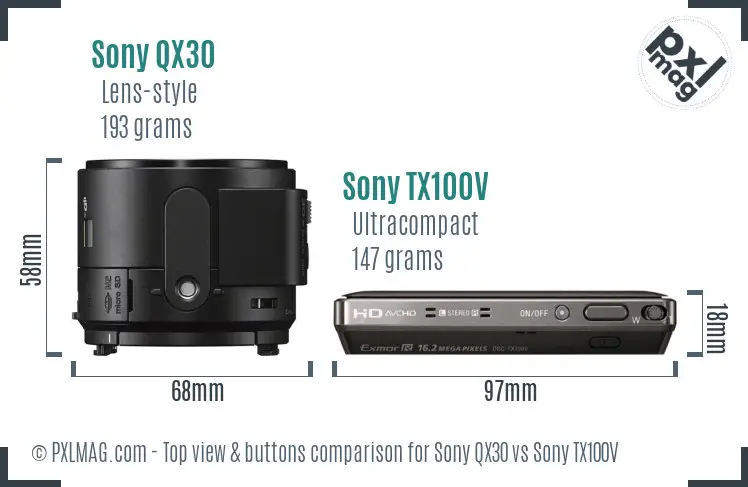 Sony QX30 vs Sony TX100V top view buttons comparison
