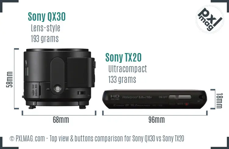 Sony QX30 vs Sony TX20 top view buttons comparison