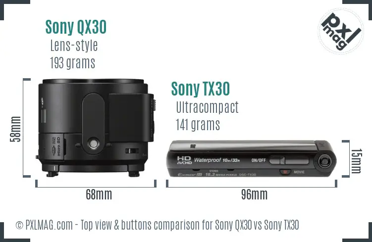 Sony QX30 vs Sony TX30 top view buttons comparison
