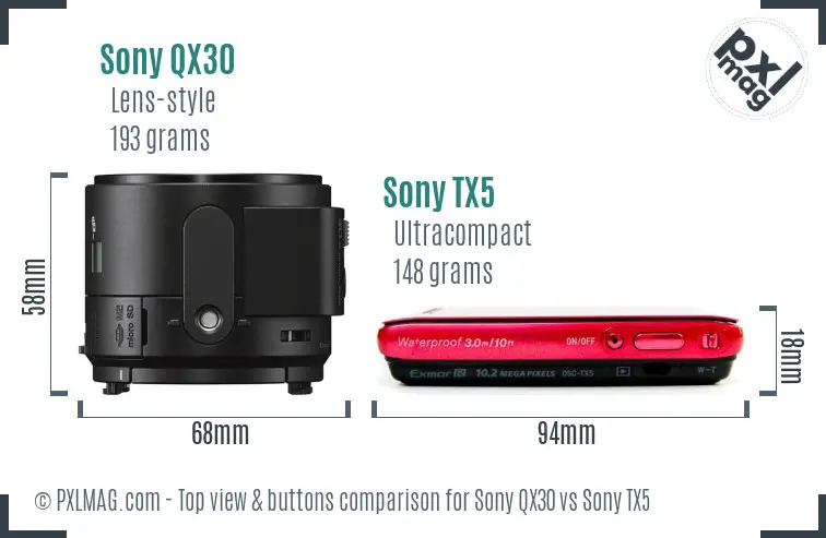 Sony QX30 vs Sony TX5 top view buttons comparison