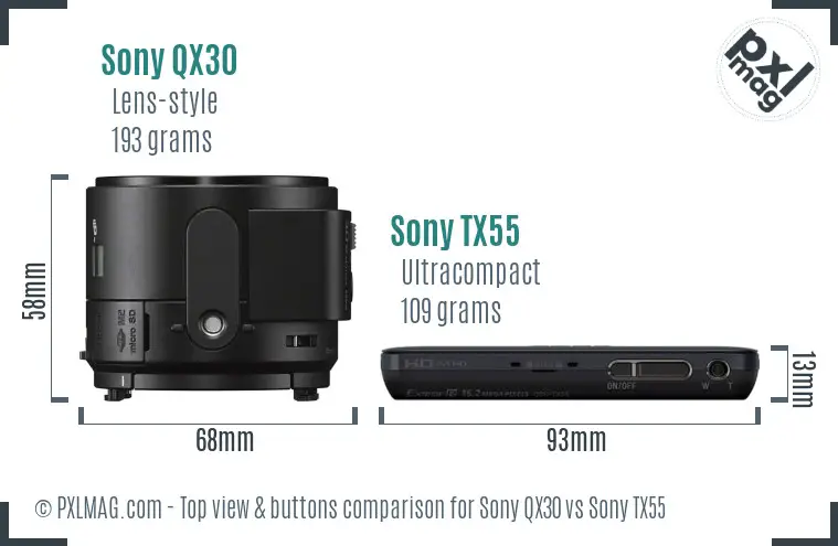 Sony QX30 vs Sony TX55 top view buttons comparison
